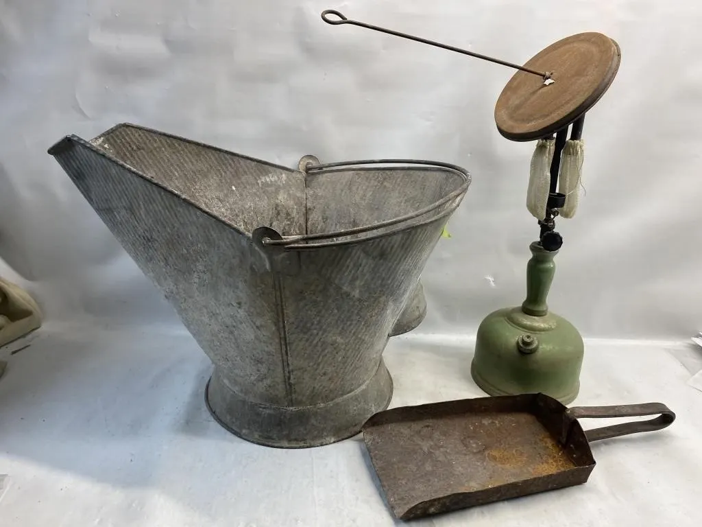 Vintage Coal Scuttle, Scoop & Lamp Stand Lot