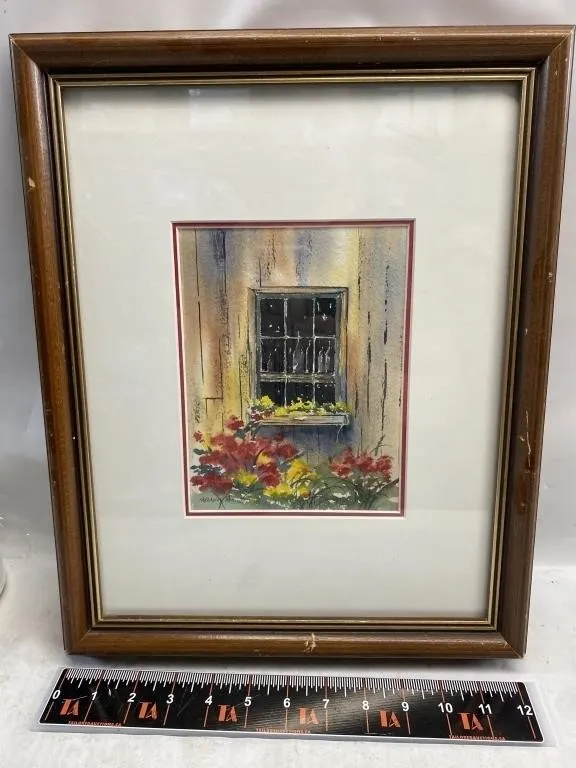 Melaney Robins framed watercolour, window with