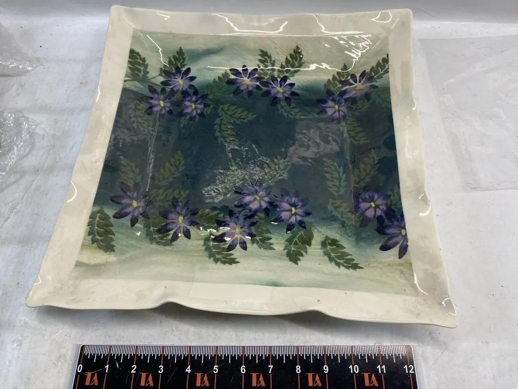 Signed Studio Pottery Square Floral Dish