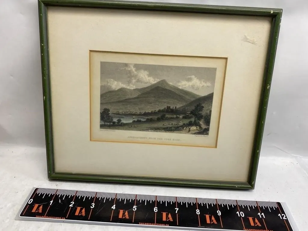 Antique steel engraving, "Abergavenny from the Us