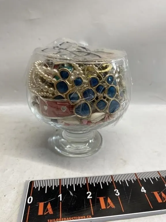 Glass Pedestal Bowl of Costume Jewelry & Beads