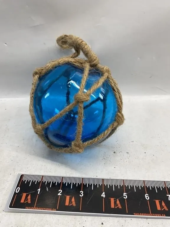 Blue Glass Fishing Float with Rope Netting