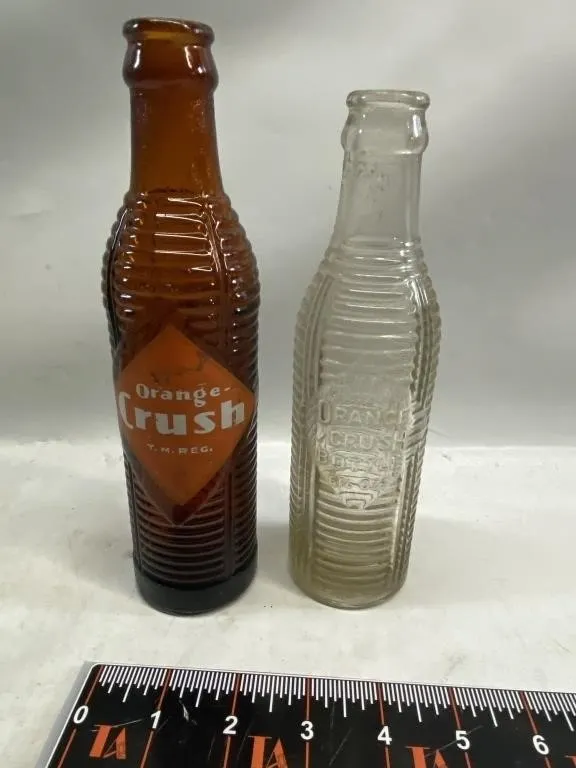 Two Orange Crush Soda Bottles - Amber & Clear