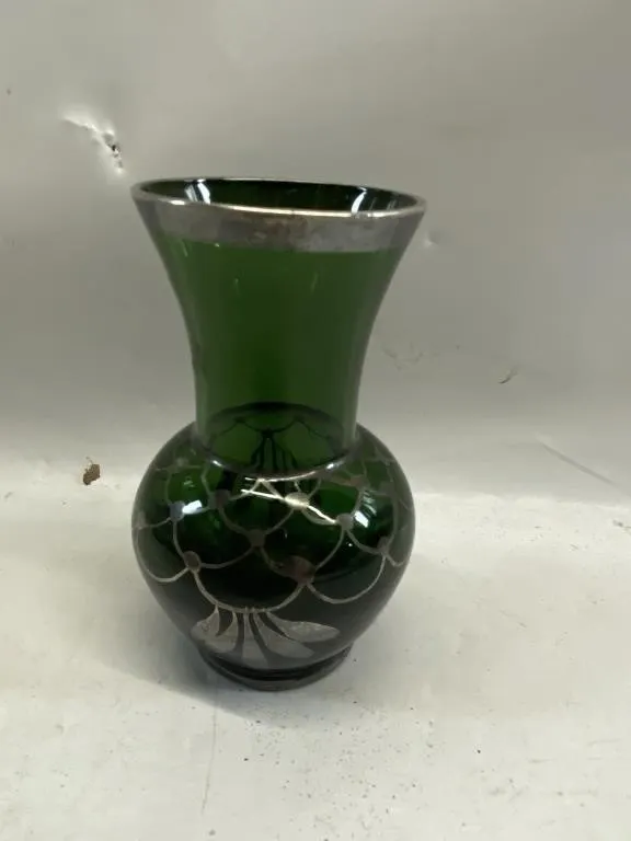 Green Glass Vase with Silver Overlay Floral Design