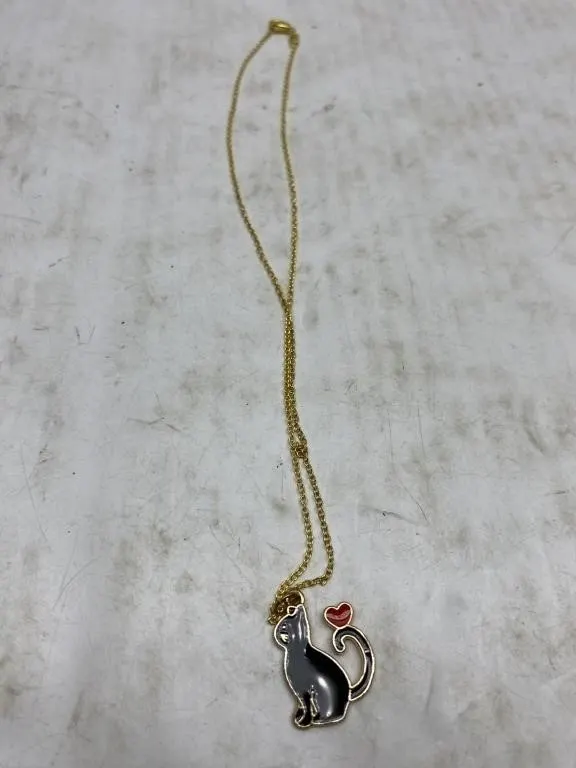 Gold-Tone Cat Pendant Necklace with Heart Accent