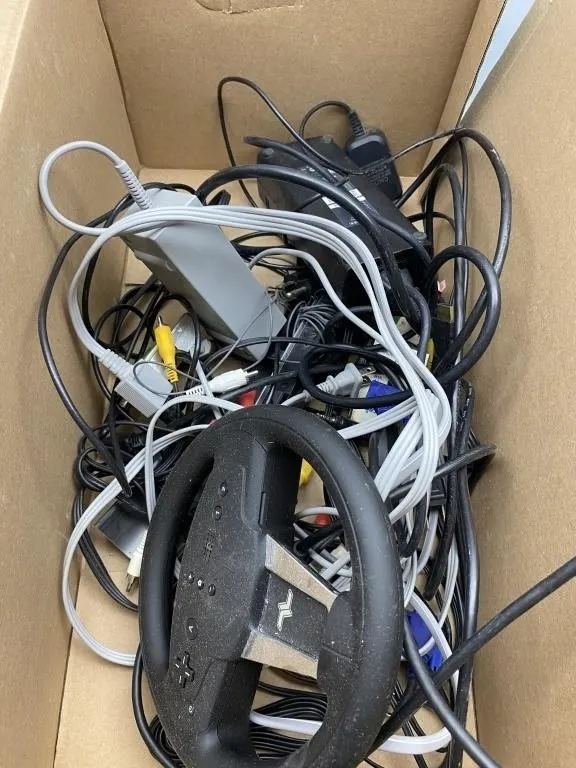 Video Game Cables, Adapters & Wii Wheel Lot