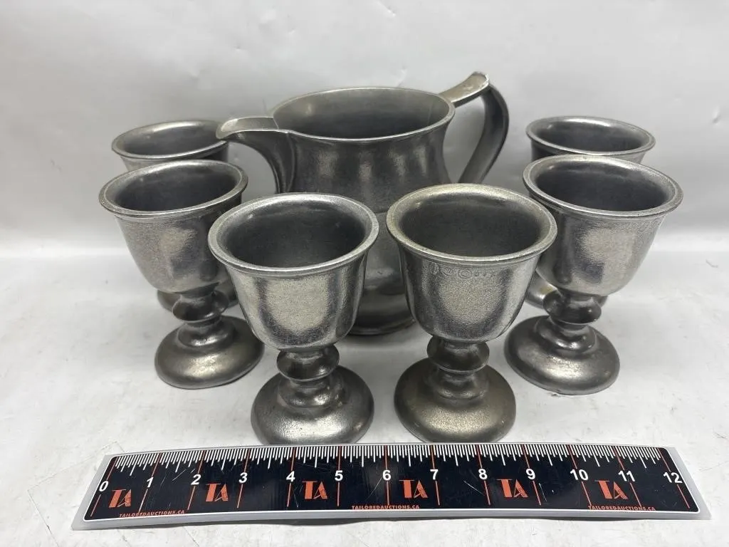 Pewter Water Pitcher and 6 Goblets Set, Cuba
