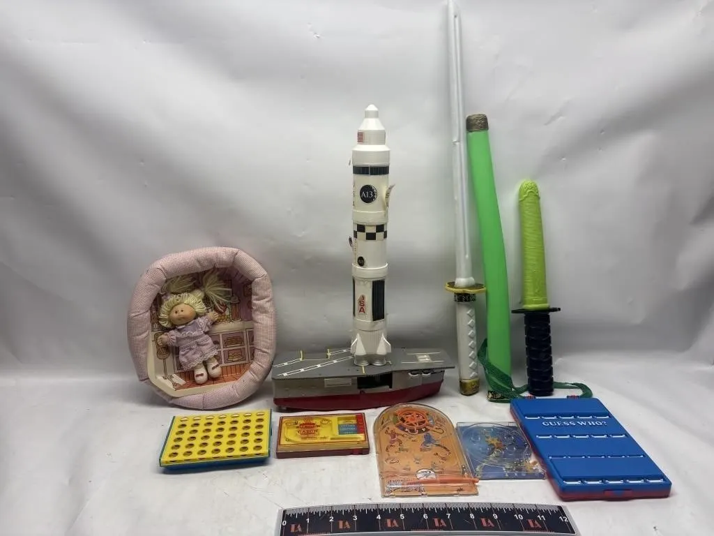 Vintage Toy Lot: Rocket, Doll, Sword, Games