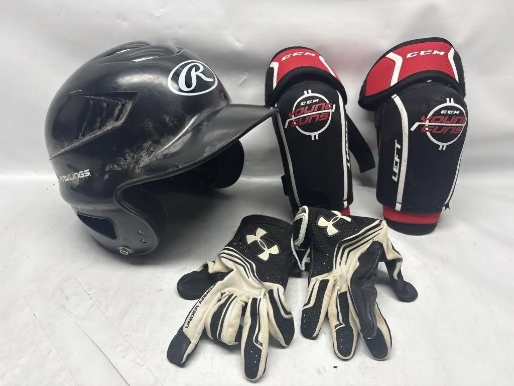 Batting Helmet, Shin Guards & Batting Gloves