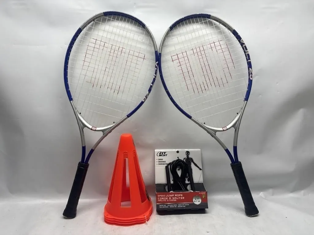 2 Wilson tennis rackets, marker cones, speed jump