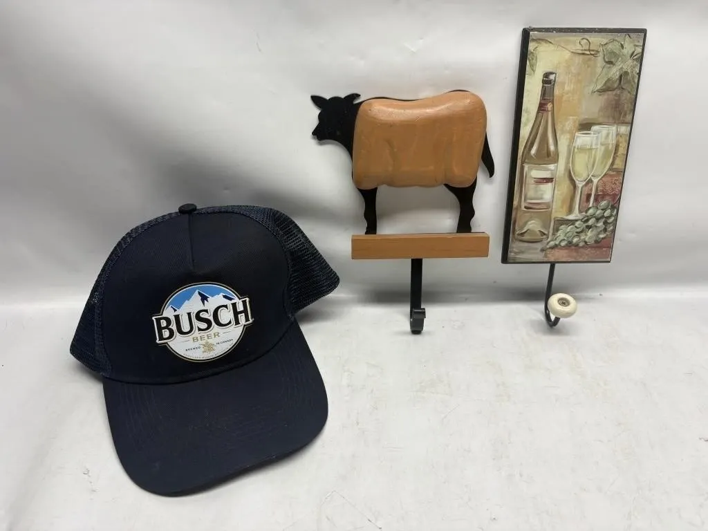Busch Beer trucker hat, cow & wine décor hooks