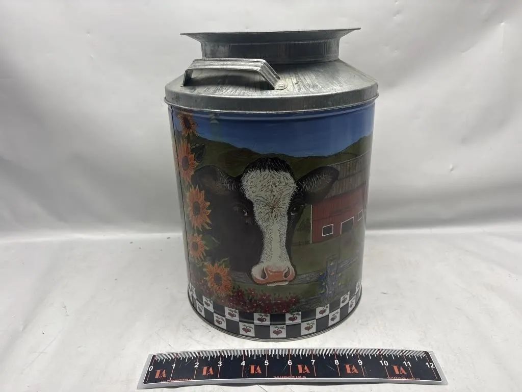 Vintage Popcorn Tin with Cow & Barn Farm Scene