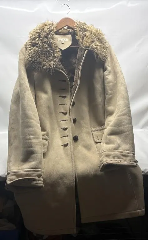 Jessica Tan Suede Coat with Faux Fur Collar, XL