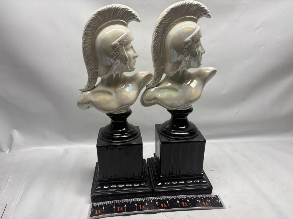 Pair of Iridescent Ceramic Roman Soldier Bust