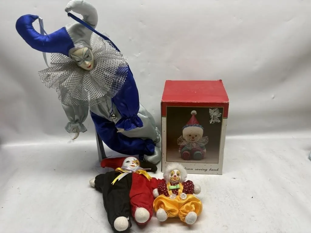 Vintage Clown Doll Lot w/ Ceramic Bank & Puppets