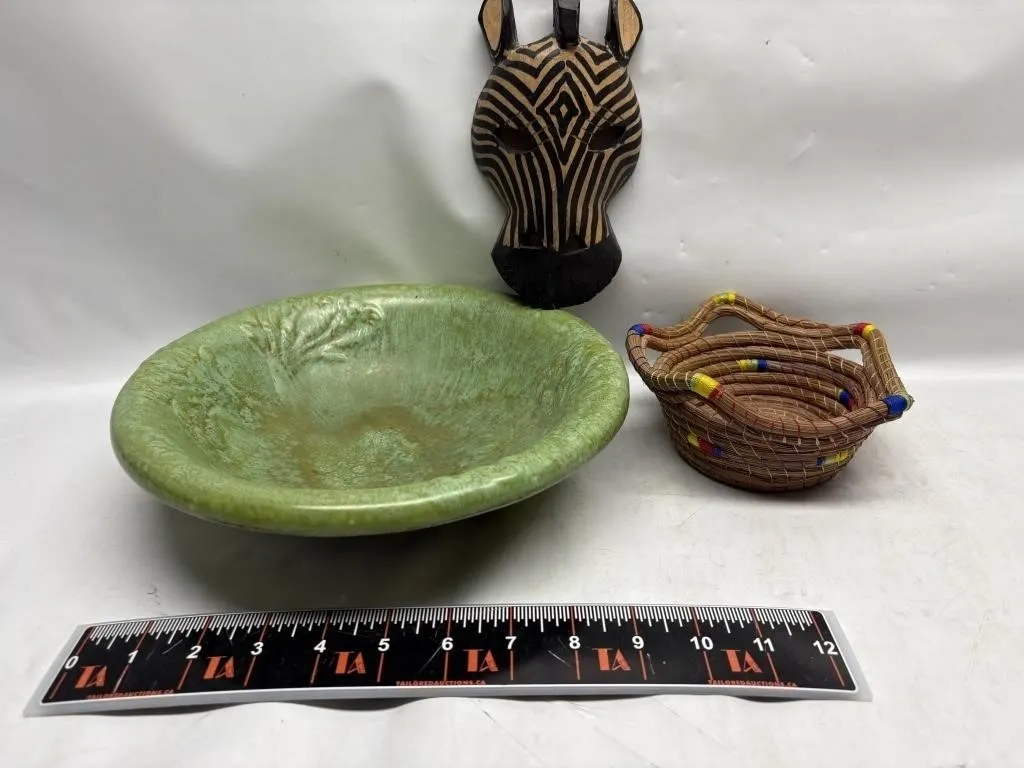 Zebra Mask, Green Bowl, and Pine Needle Basket