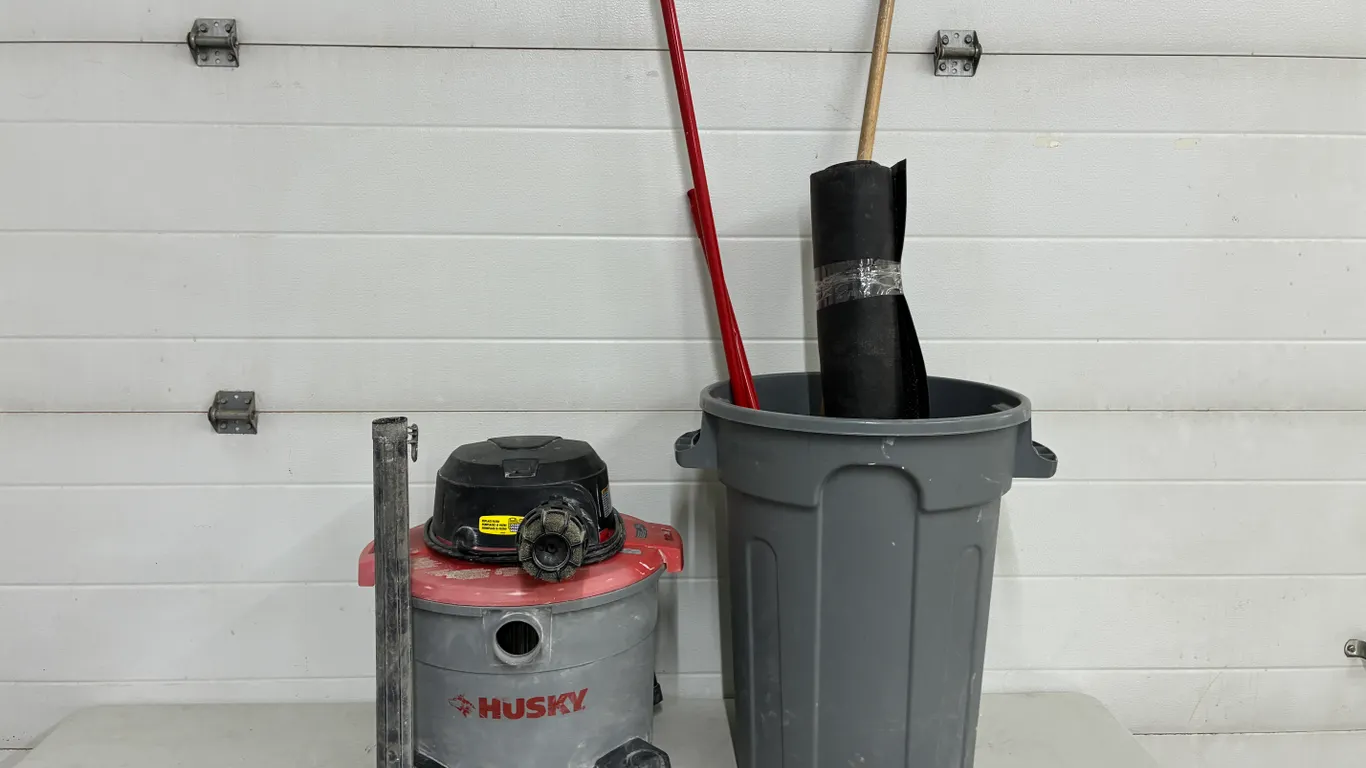 Husky Shop Vac, Rug, Brooms and Garbage Can