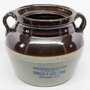 RED WING STONEWARE ADVERTISING BEAN POT CHRISTMAS GREETINGS FROM CHRISTEL'S CASH STORE BRILLION WISCONSIN