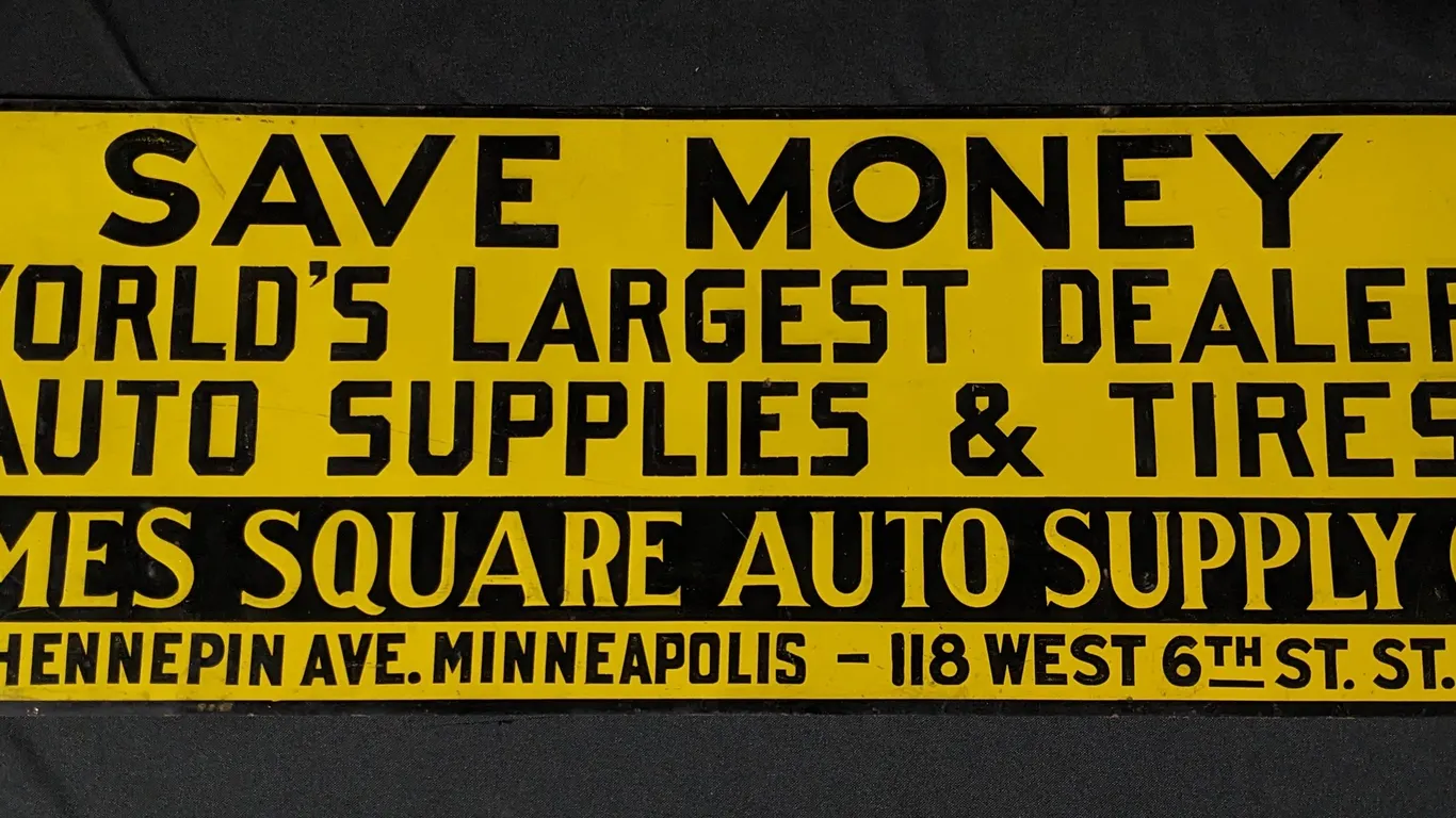 EMBOSSED TIN SIGN TIMES SQUARE AUTO SUPPLY CO ST PAUL MINNESOTA