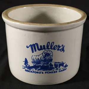 5# STONEWARE ADVERTISING BUTTER CROCK MULLER'S ROCKFORD'S PIONEER DAIRY ROCKFORD ILLINOIS (STAMPED ON BOTH SIDES)