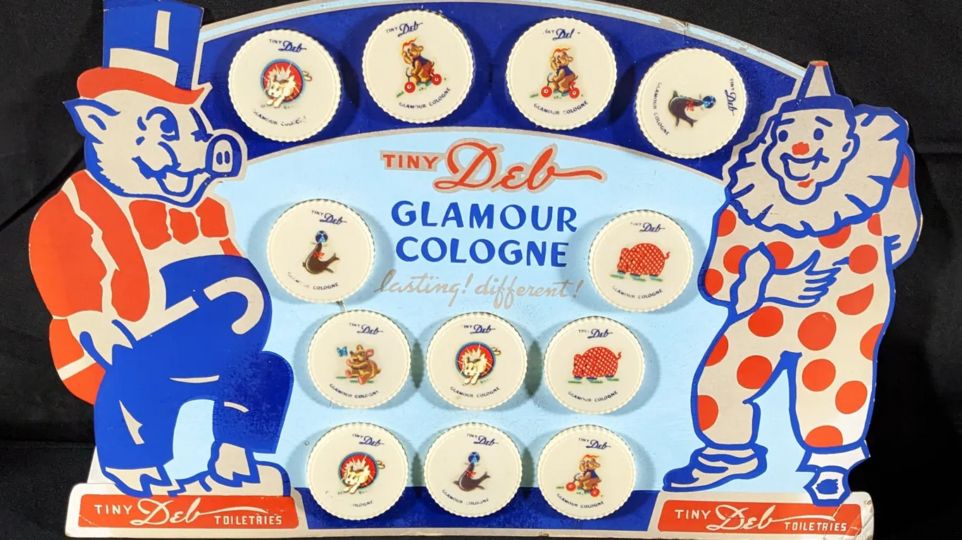 TINY DEB GLAMOUR COLOGNE COMPACT STORE DISPLAY CLOWN & PIG