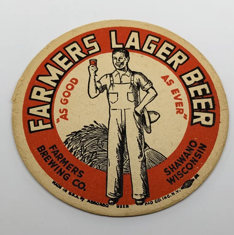 TAVERN BAR COASTER FARMERS LAGER BEER SHAWANO WISCONSIN