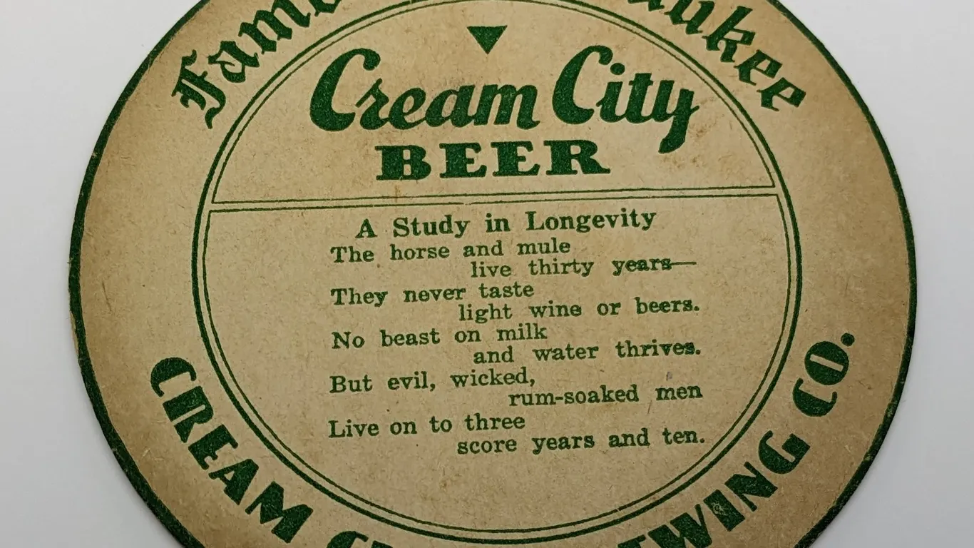 TAVERN BAR COASTER FAMOUS CREAM CITY BEER "THE STUDY OF LONGEVITY" MILWAUKEE WISCONSIN