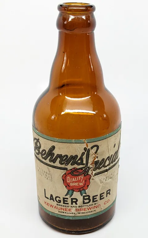 IRTP 12 OZ PAPER LABEL STEINIE BOTTLE BEHREN'S SPECIAL LAGER BEER KEWAUNEE WISCONSIN