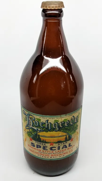 1934 TAX PAID 32 OZ - QUART PAPER LABEL BOTTLE THREE STAR SPECIAL BAVARIAN STYLE LAGER BEER HOCHGREVE BREWING GREEN BAY WISCONSIN