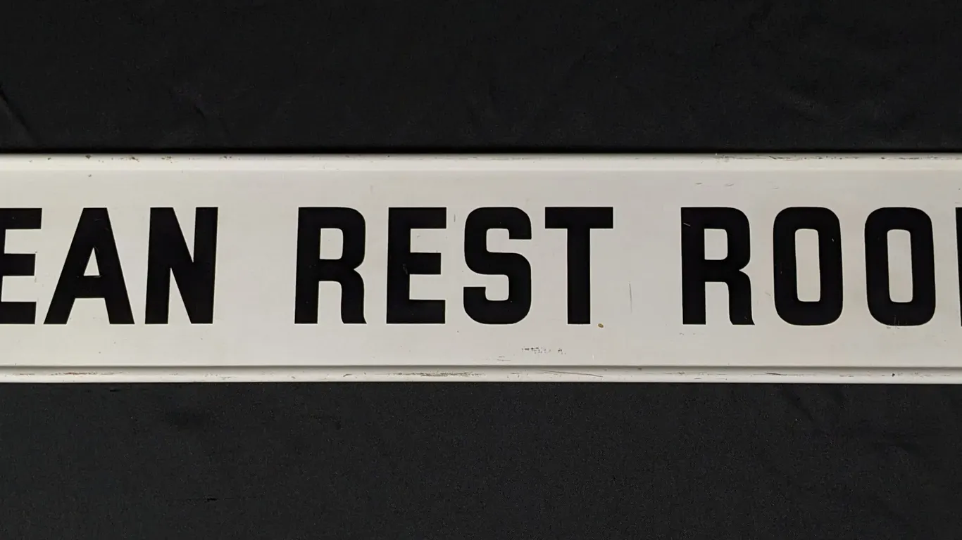 TIN GAS STATION SIGN CLEAN REST ROOMS (2 SIDED)