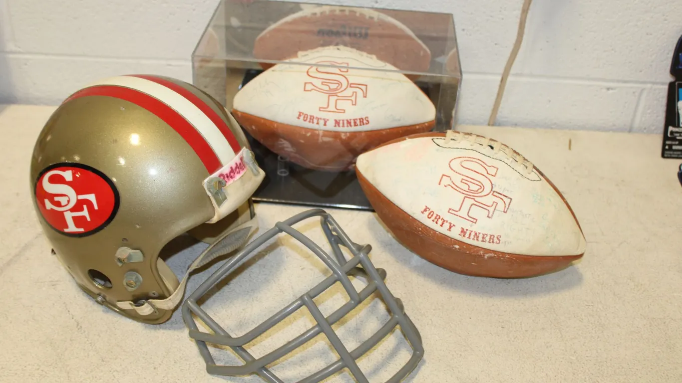 Signed San Francisco 49s Footballs & Helmet