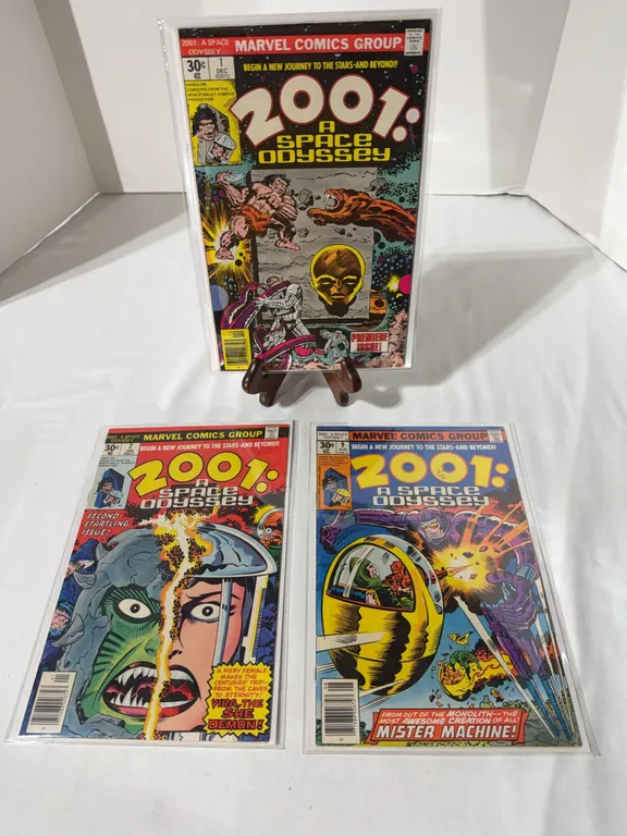 Lot of 3 vintage 2001: A Space Odyssey comic books published by Marvel Comics in 1976 and 1977, wri