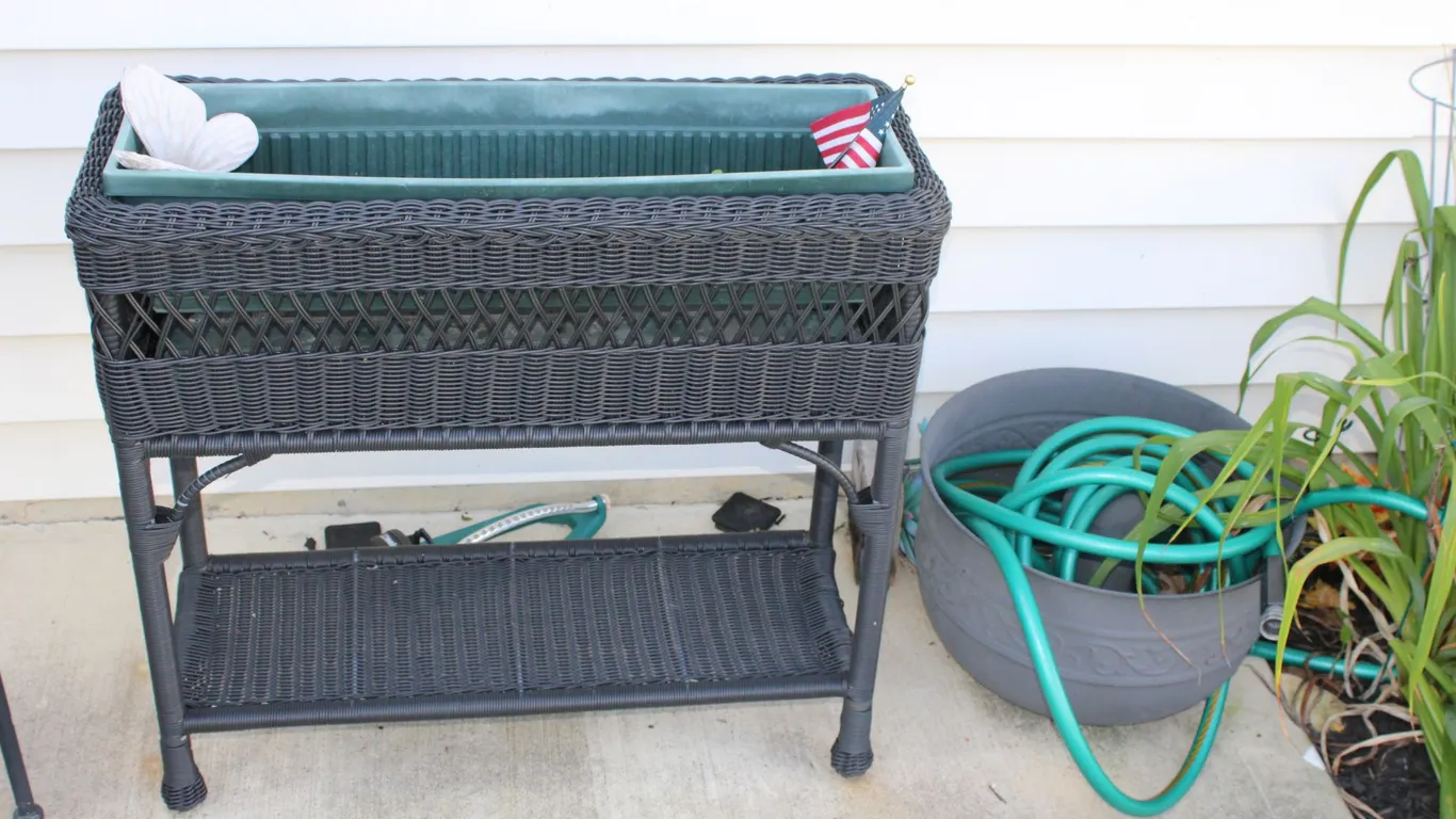 Wicker Planter, Garden Hose & Holder