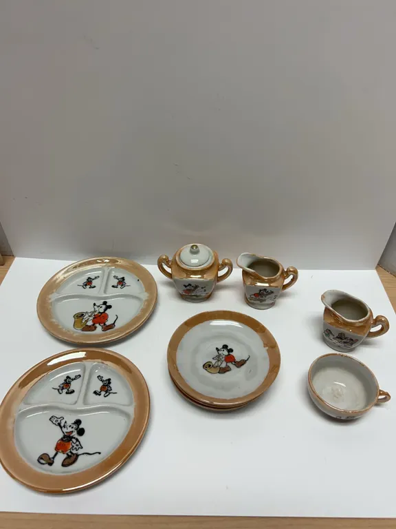 Early 20th Century Japanese Porcelain Child’s Tea Set with Mickey Mouse and Three Little Pigs Motif