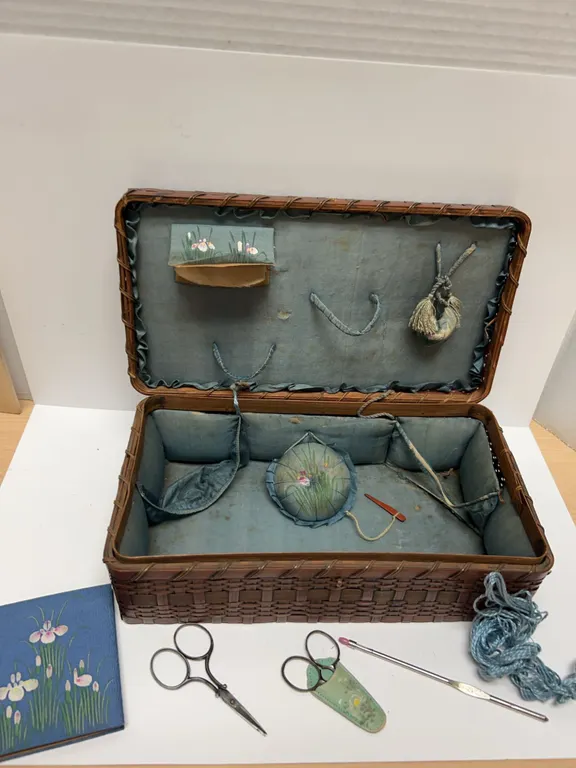 Hand-Painted Victorian Style Sewing Basket With Scissors, Needle Books, and Accessories