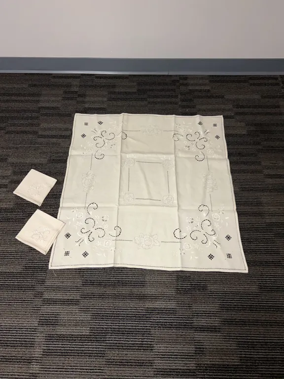 Off White Linen Square Tablecloth With Hand-Embroidered Floral Cutwork and Two Matching Napkins Set