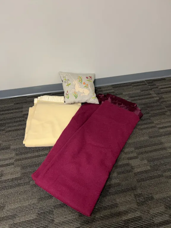 Two Vintage Blankets and Embroidered Unicorn Cushion: New Bremen Wool and Cream Satin-Trimmed