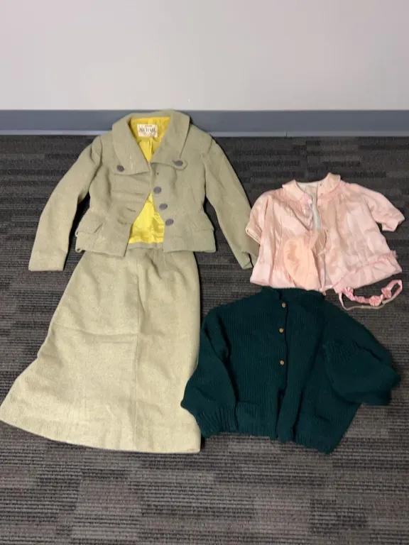 Lot: Michael London Wool Suit Set, Better Made Silk Sleepwear, and Green Knit Cardigan, c. Mid-20th