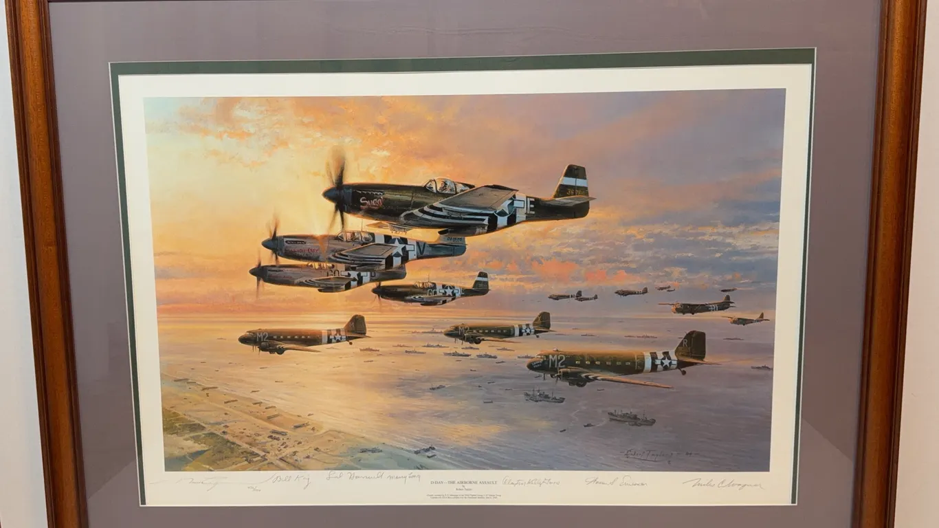 Framed Print “D-Day-The Airborne Assault” by Robert Taylor, 472/1000, Signed by Artist & Veterans