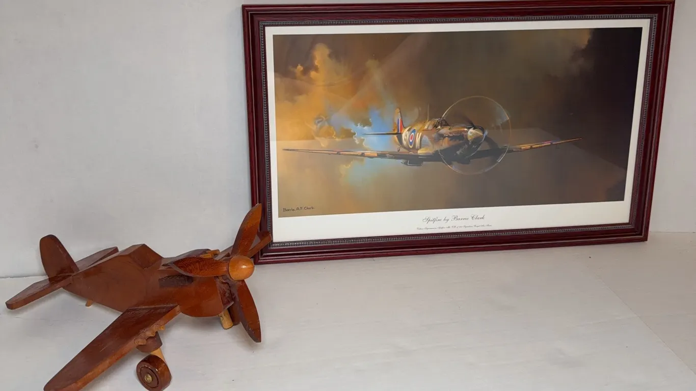 Barrie A.F. Clark “Spitfire” Framed Aviation Print & Handcrafted Wooden Fighter Plane