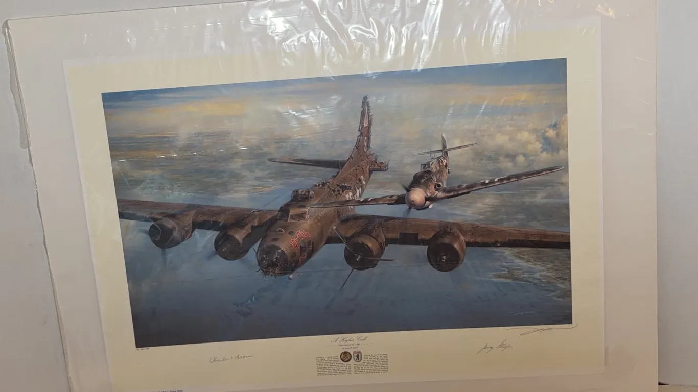 “A Higher Call” John D. Shaw Signed WWII Print – Charlie Brown & Franz Stigler – VE 106/400 & COA