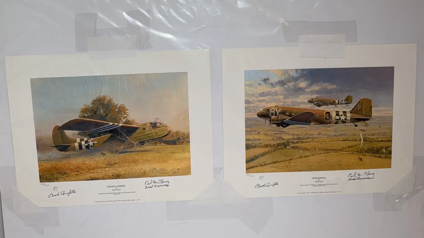Pair of Robert Taylor Signed D-Day Aviation Prints – “Crash-Landing” & “Into Battle”, 472/1000