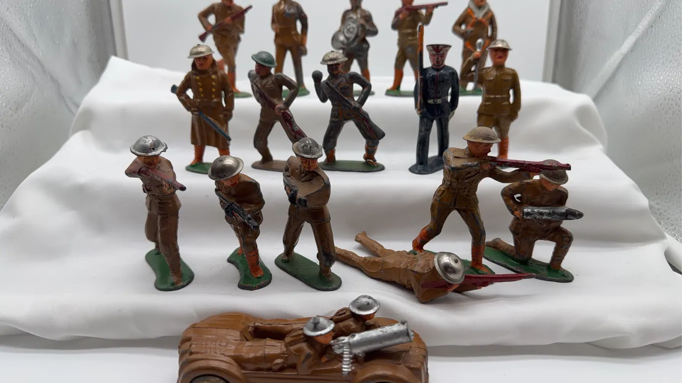 Vintage Metal Military Toy Soldiers with Staff Car, Aviator & Infantry