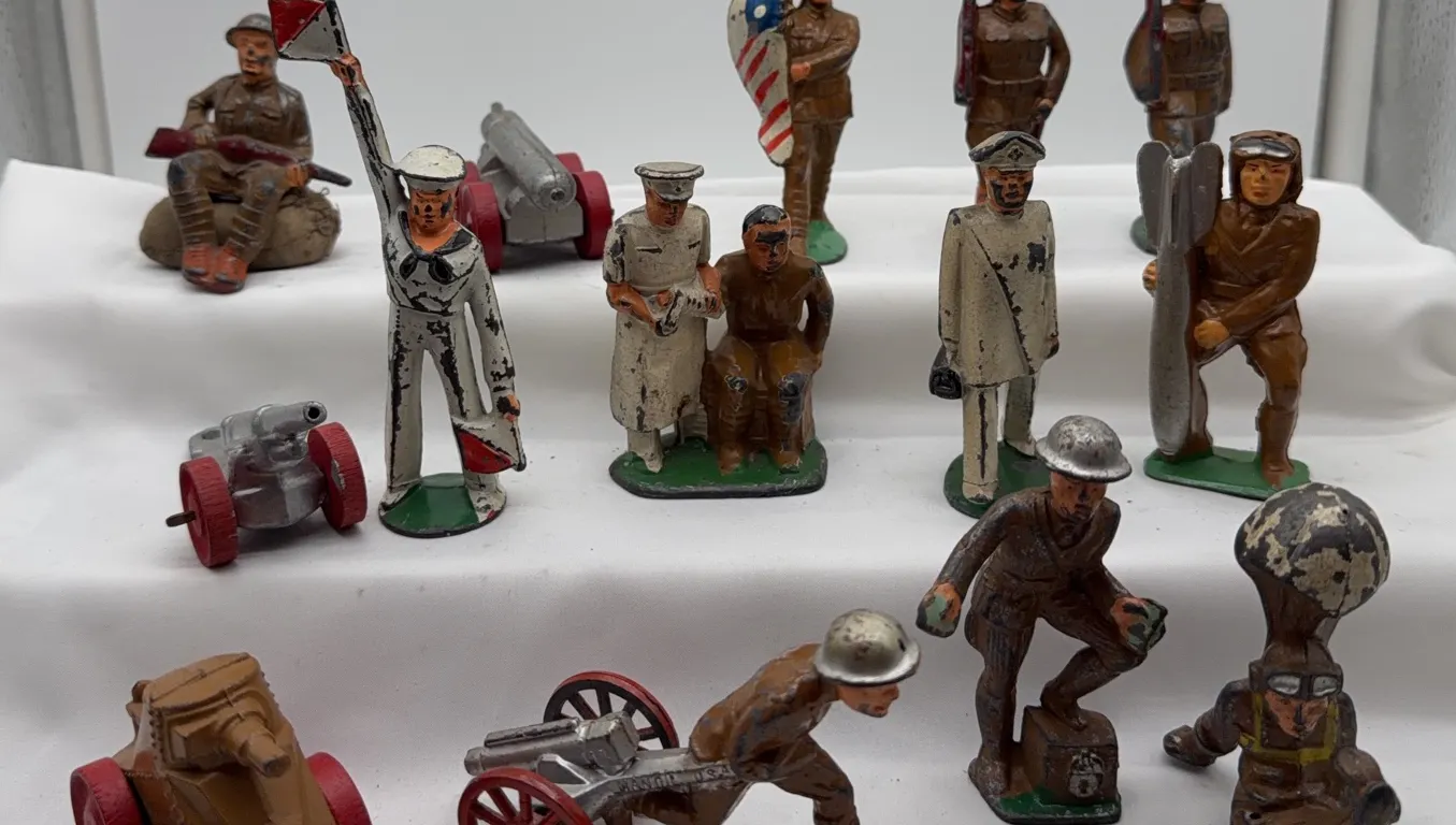Vintage Metal Toy Soldier Specialty Figures, Sailors, Aviator, Flag Bearer, Artillery & Wounded