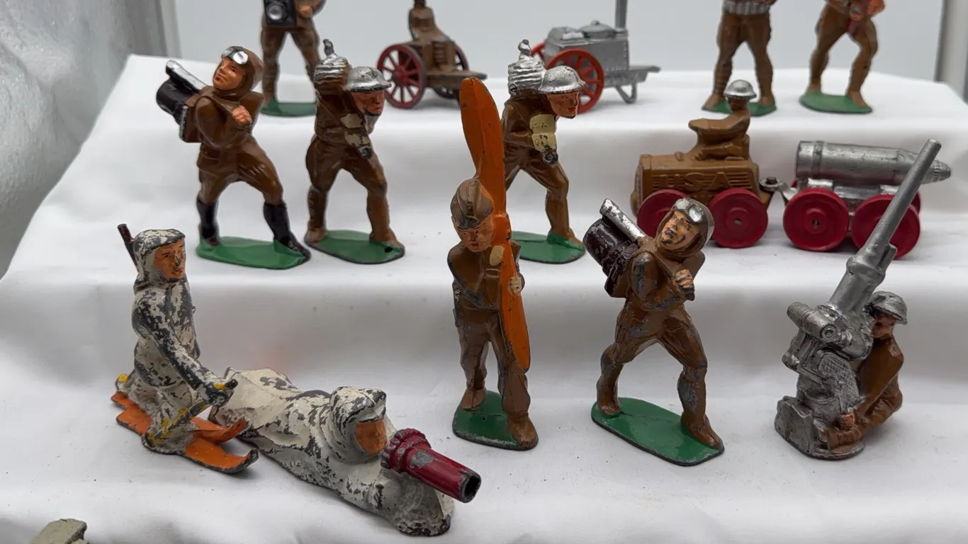 Vintage Painted Metal Toy Soldiers, Gas Mask, Ski Troops, Photographer, Engineer & More