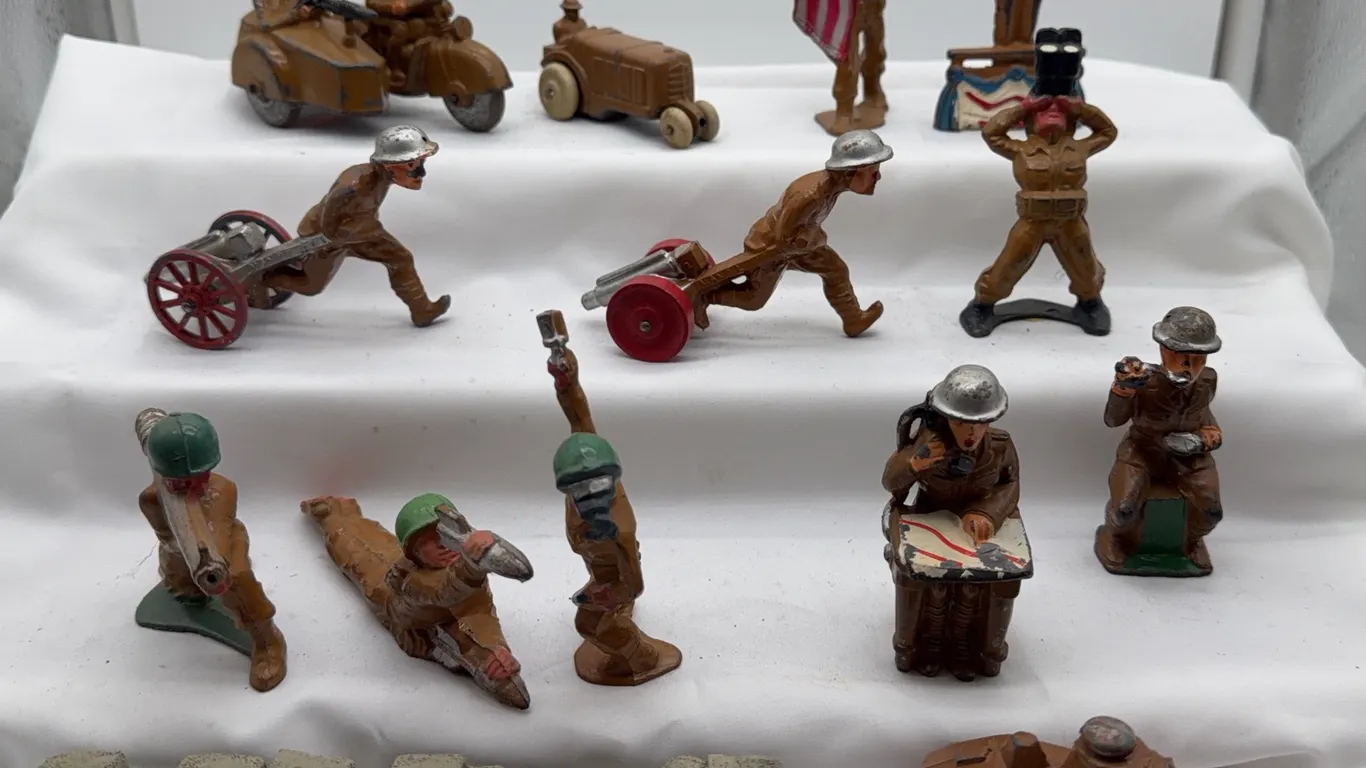 Vintage Military Toy Soldiers & Vehicles, Artillery, Motorcycle, Tank, Flag Bearer & More