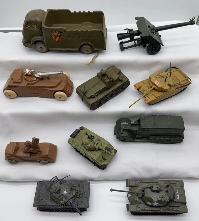 Vintage Military Toy Vehicle Lot, Tanks, U.S. Army Truck, Armored Cars & Artillery
