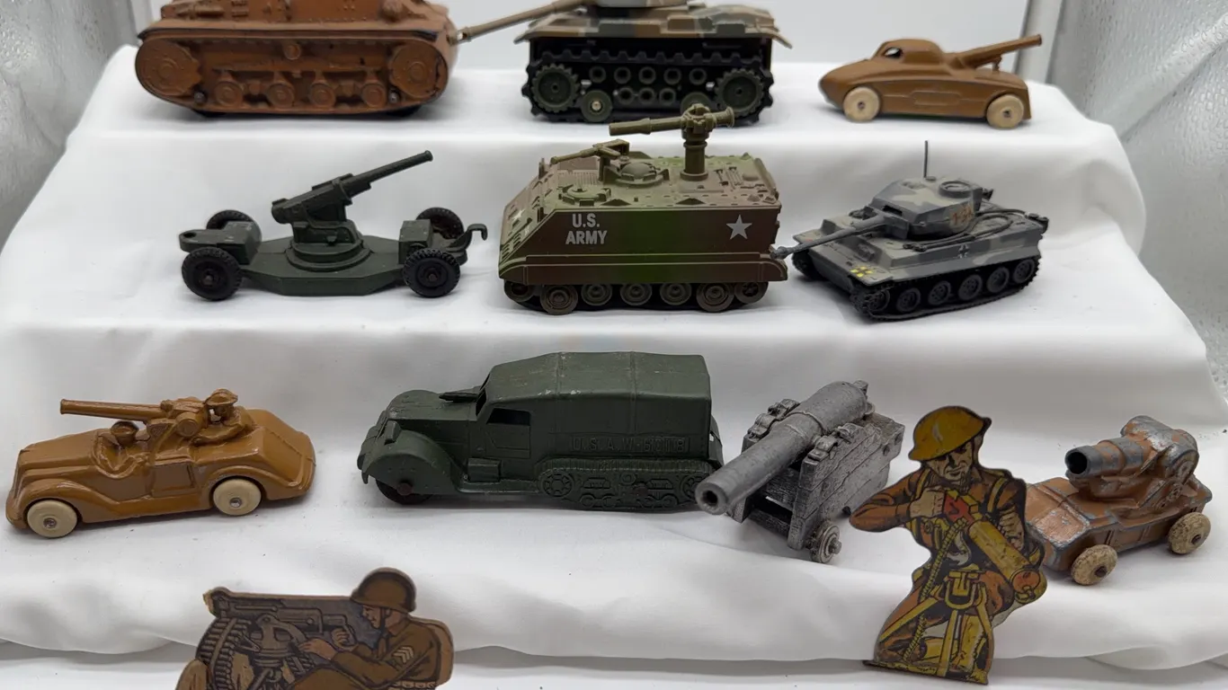 Vintage Military Toy Vehicle & Artillery Lot, Tanks, U.S. Army Armor, Cannons & Soldier Figures