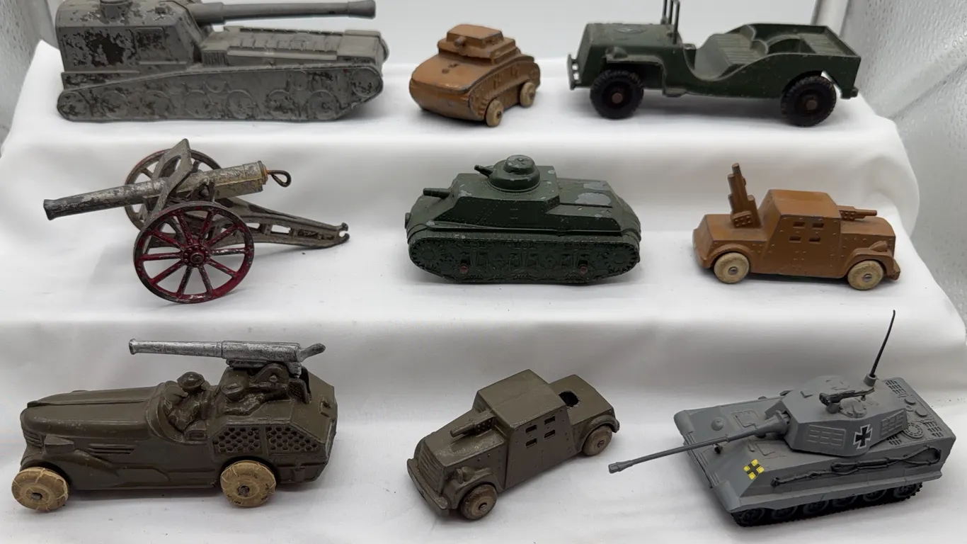 Vintage Military Toy Vehicle Lot, Tanks, Armored Cars, Jeep & Artillery Cannon