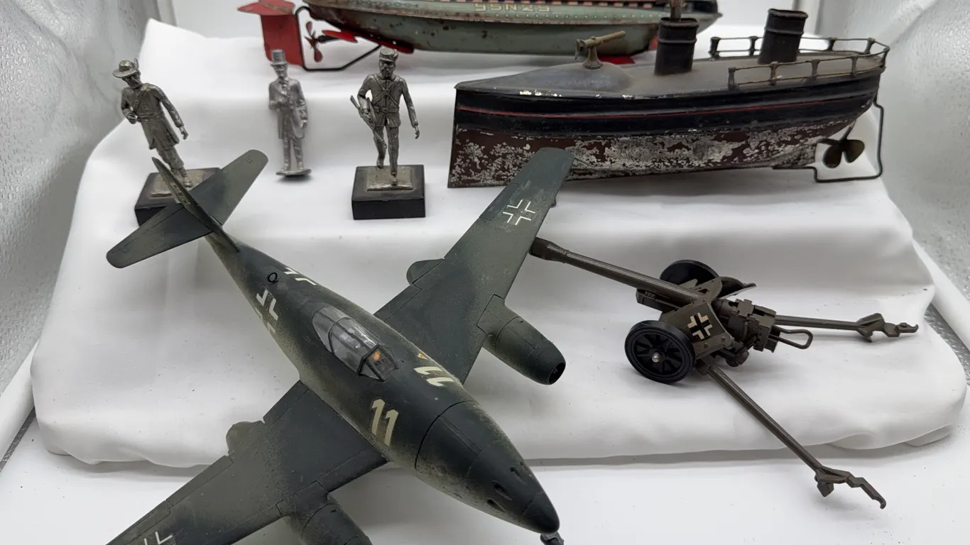 Vintage Tin Litho Toy Boats, German Military Aircraft, Artillery & Metal Figures